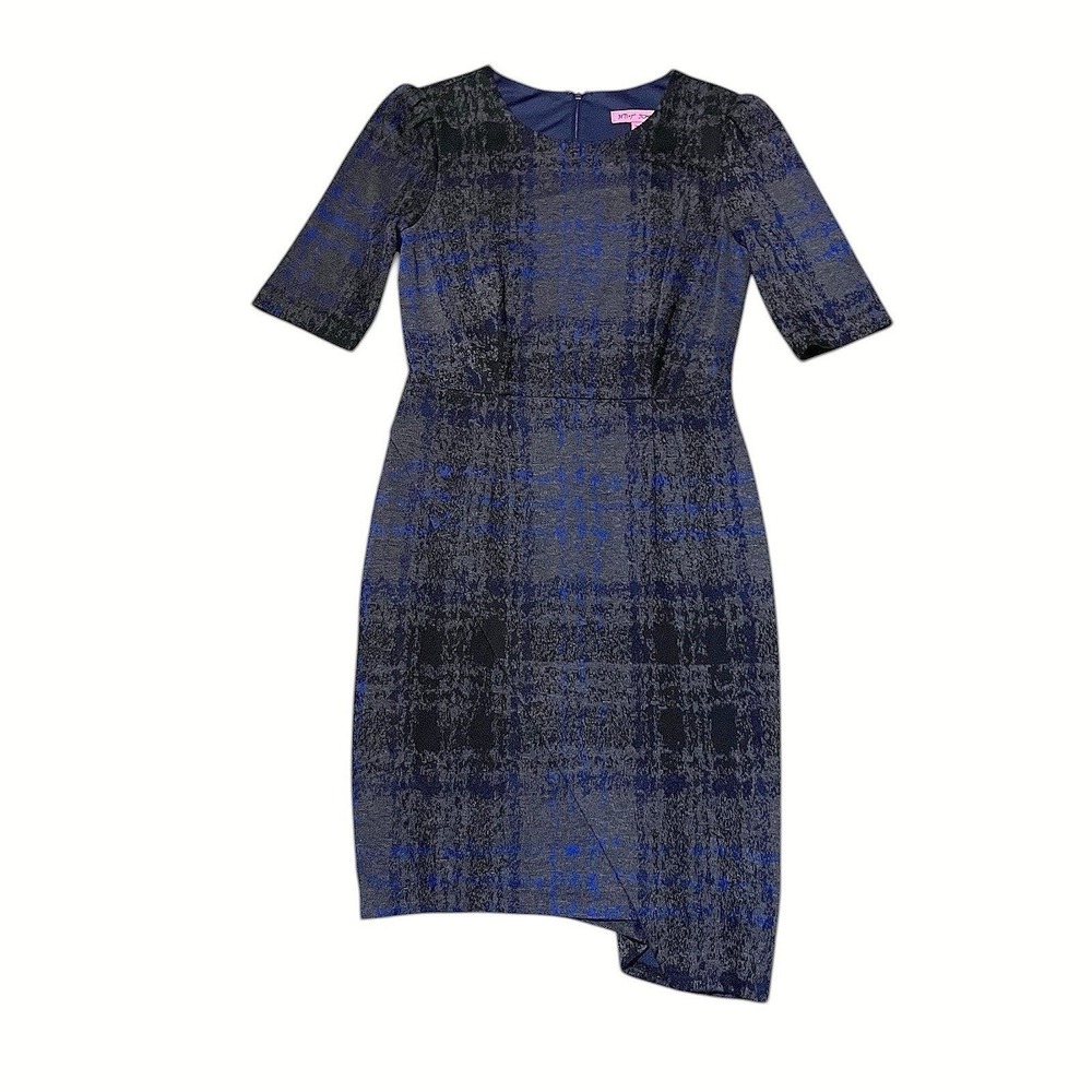 Betsey Johnson Navy Blue Black Plaid Asymmetrical Hem Sheath Dress Womens Size 2